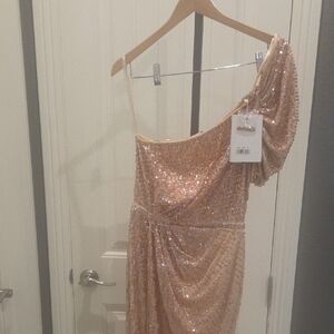 Mac Duggal One-Shoulder Sequin Maxi Dress in Gold